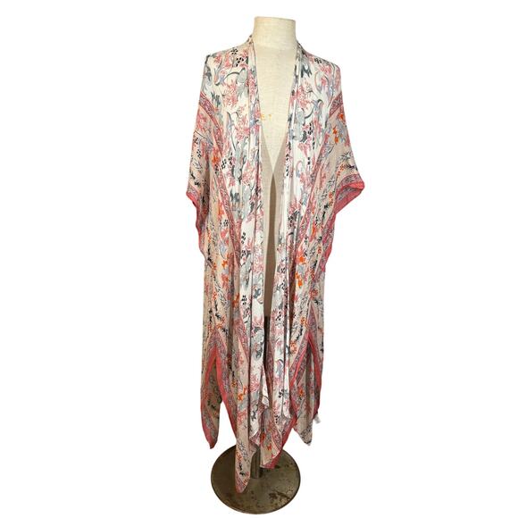 Boho Floral Midi Open Front Lightweight Kimono Duster One Size Casual Layering - Picture 5 of 14